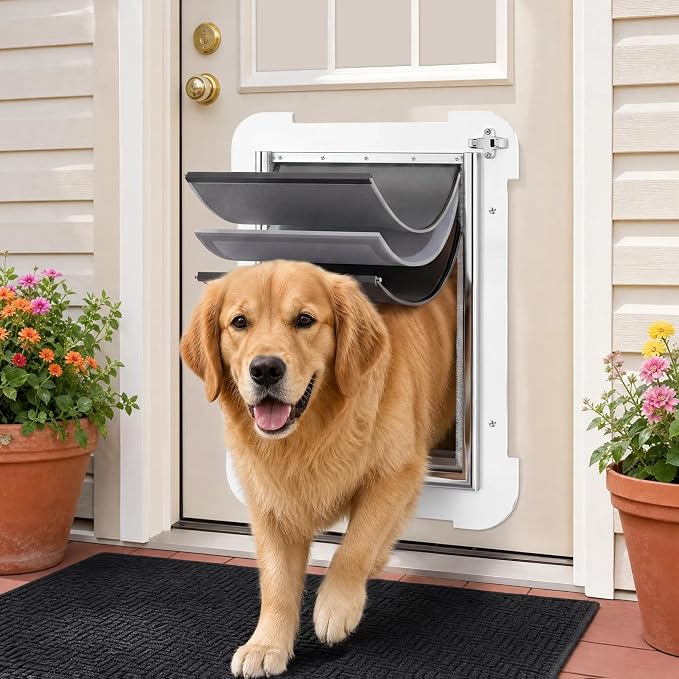 MIAOTONG 3-Flap Steel Large Dog Door for Door with Metal Sliding Lock Panel | Energy-Efficient Insulated Pet Door, Extreme Weather Doggy Door with Telescoping Tunnel, Never Rust （Pets Up to 100 Lb）