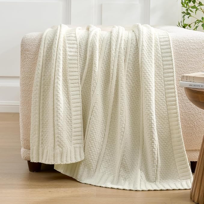 Chenille Throw Blanket for Couch, Soft Cozy Chunky Knit Blanket, Moss Stitch Throw for Sofa, Bed, Living Room, Lightweight Warm Home Decor, Cream White 60"x80"