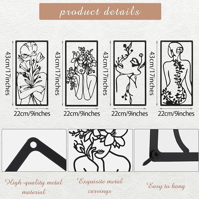 Cindeer 4 Pcs Metal Wall Art Decor Minimalist Abstract Woman Wall Art Line Drawing metal line art Home Hanging Art Decor for Bedroom Kitchen Bathroom Living Room(Fresh,Black)