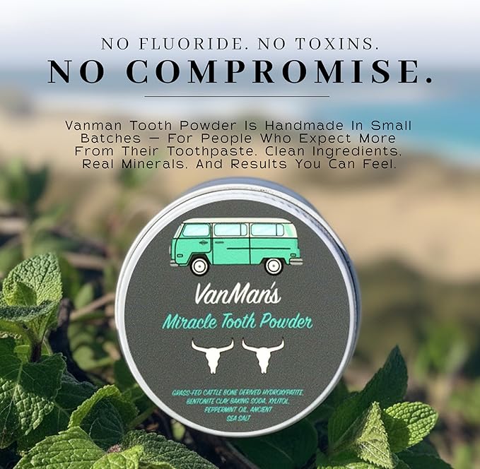 Vanman’s - Mint and Bone Tooth Powder Toothpaste (3 Pack) - Remineralizing Tooth Powder with Cattle Bone Derived Hydroxyapatite, Bentonite Clay, Peppermint Oil and Baking Soda - 2.2 oz