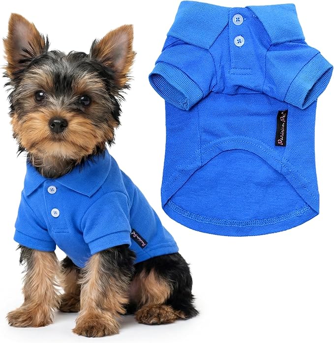 Parisian Pet Dog Polo Shirt – Classic Blue Cotton Pet Apparel with Collar & Buttons - Soft Breathable Puppy T-Shirt - Cute Dog Clothes - Ideal Summer Clothes for Small Dogs - Shirts for Dogs Boy