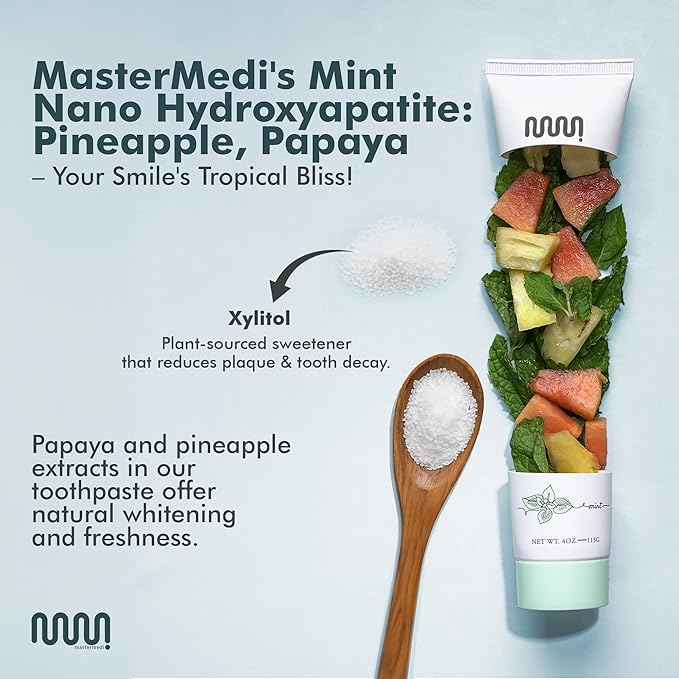 MasterMedi Nano Hydroxyapatite Toothpaste with Xylitol – Fluoride & SLS Free, Remineralizing Formula for Whitening, Sensitive Teeth, Enamel Repair & Strength, Magic Mint, 4 oz (Pack of 3)