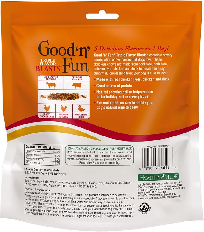 GOOD 'N' FUN Blasts Long-Lasting Dog Treat Made with Real Protein, 12 oz | Premium Chicken, Duck, Pork and Beef Hide Chew, Supports Dental Health and Mental Stimulation, For Adult Dogs