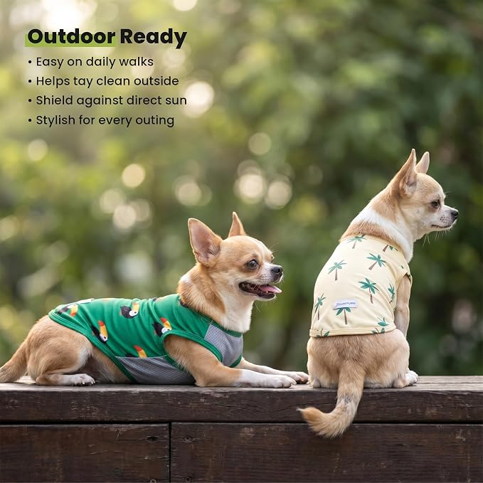 Fitwarm 2 Pack Toucan & Palm Tree UPF 50+ Sun UV Protection Dog Shirt, Lightweight Cooling Vest, Quick Dry Summer Clothes for Small Dogs Boy Girl, Pet Outfit, Green, Beige, Small
