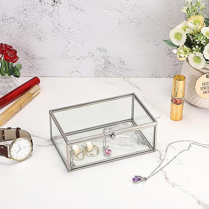 Hipiwe Vintage Glass Keepsake Box Small Jewelry Display Case Lidded Box | Home Decor Accent Decorative Glass Box Organizer for Storage Trinket Rings Bracelet, Silver