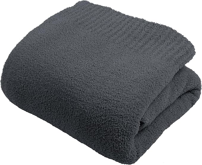 Dark Grey Black Fuzzy Knitted Blanket, Soft Lightweight Plush Queen Size Blanket for Bed, Cozy Nights, Charcoal Grey, 90x90
