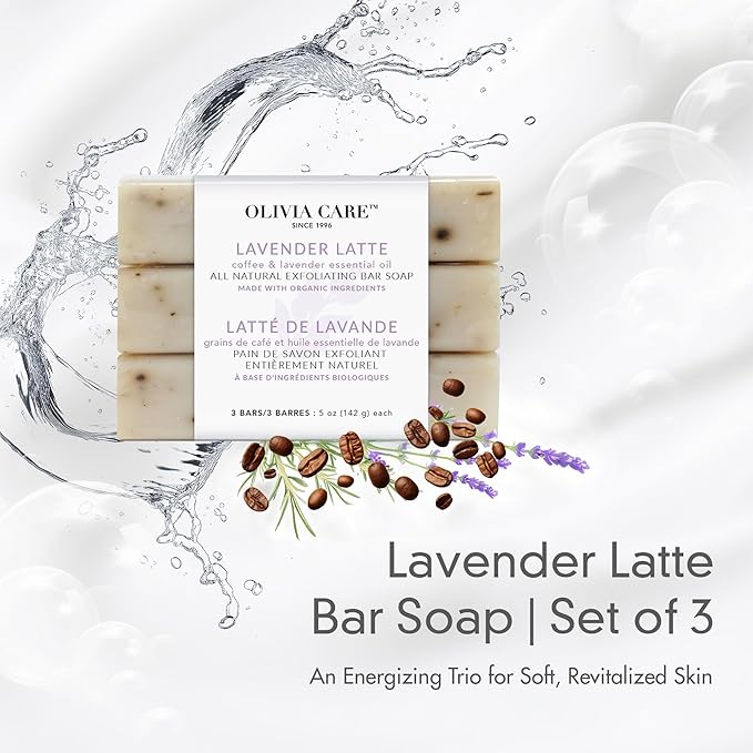 Olivia Care Exfoliating Bar Soap Lavender Latte 3 Pack Natural, Organic. Infused with Coffee Bean & Lavender Essential Oil - 3 X 5 OZ