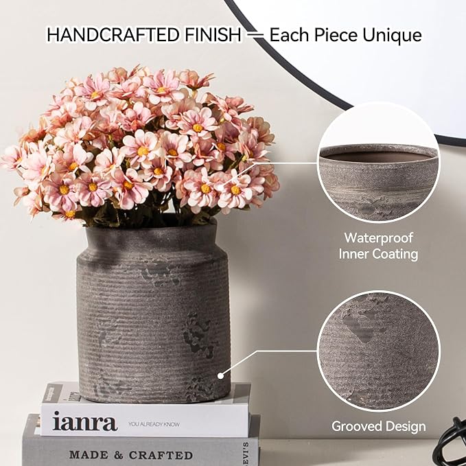 Ceramic Flower Vase 6.5 inch Farmhouse Rustic Vase for Home Decor Handcrafted Pottery Vase Small Terracotta Vases for Dining Table Fireplace Living Room Bathroom Wedding Centerpiece (S-Dark Gray)