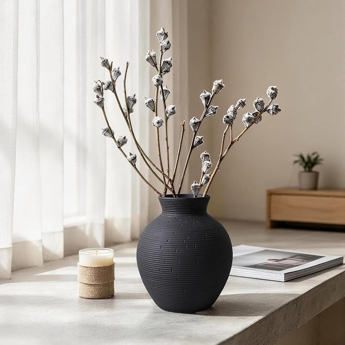 Ceramic Flower Vase Home Decor, 6 in Farmhouse Table Black Vases Rustic Vintage Living Room Kitchen Bedroom Decorations Pottery Decorative Vase for House Book Shelf Office Coffee Desk Dining Fireplace