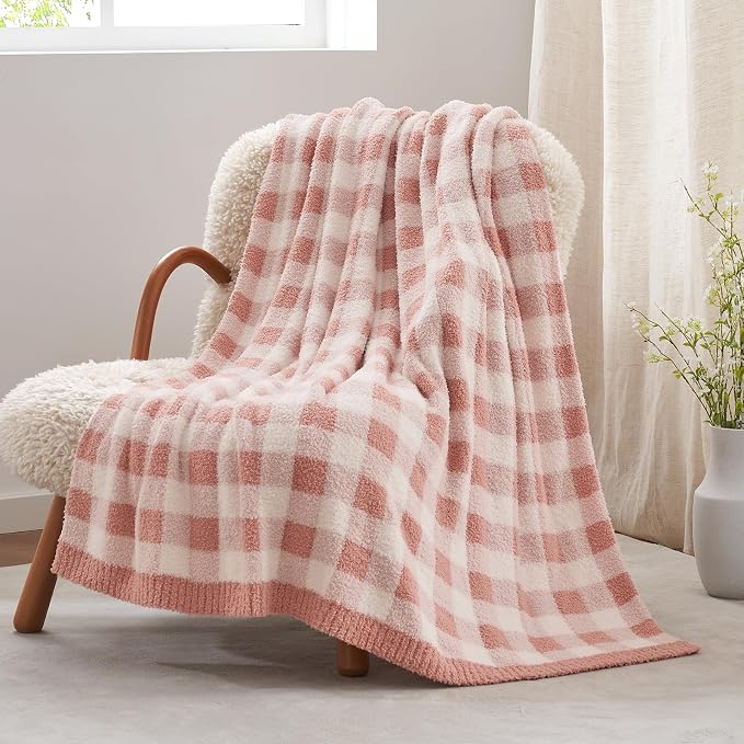 Snuggle Sac Buffalo Plaid Bedding Blanket Twin Size, Super Soft, Cozy Warm Knit Decorative Blankets, Reversible Plaid Fluffy Throws for Bed, Plaid Pink, 60x80 Inches