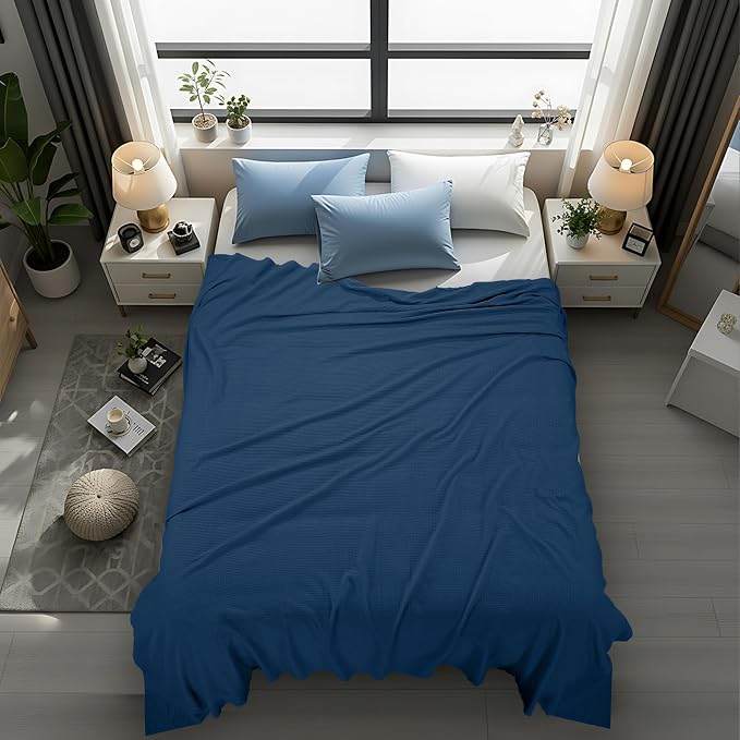 Utopia Bedding Cotton Blend Navy Waffle Blanket Queen - 90x90 Inches | Lightweight, Skin Friendly, Breathable, All Season, Luxury, Bed, Couch, Sofa