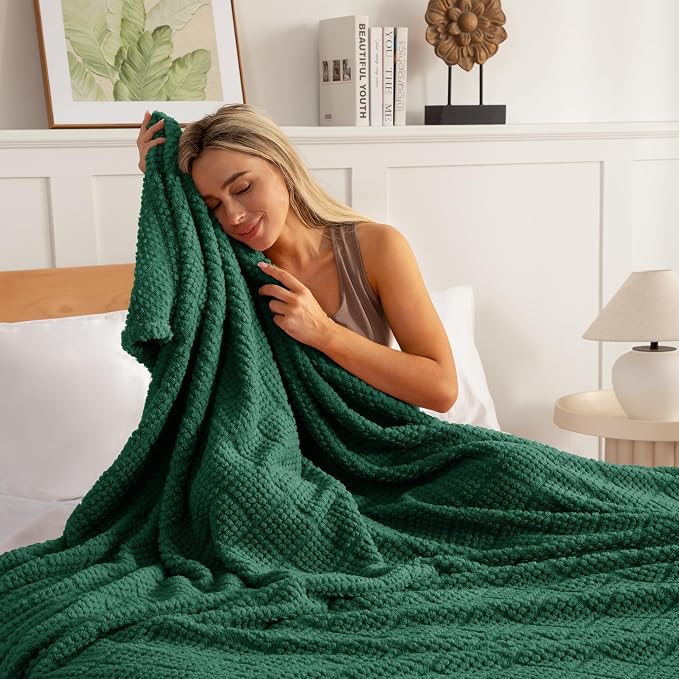 Whale Flotilla Soft Fleece Throw Blanket for Couch, Emerald Green | Jacquard Waffle Blankets for Home Decor, Lightweight and Cozy, All Season Suitable, 50x60 Inch