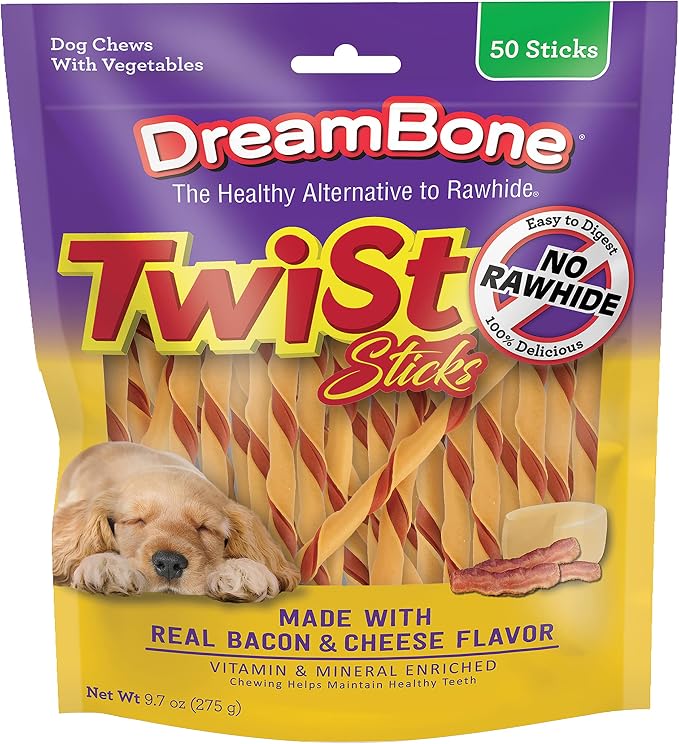 Dreambone Twist Sticks with Real Bacon and Cheese Flavor 50 Count, Rawhide-Free Chews for Dogs (3 Pack) | Daily Chew, Digests Safely and Completely, Made With Real Bacon, Cheese, Chicken and Veggies, For Adult Dogs
