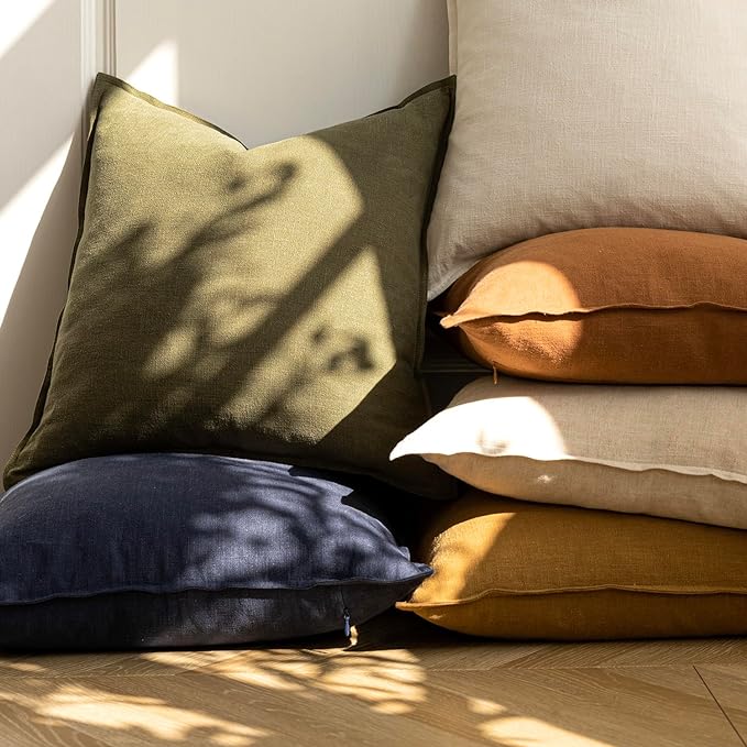 Foindtower Pack of 2, Decorative Linen Solid Throw Pillow Covers Soft Accent Cushion Case Boho Farmhouse Pillowcase for Chair Couch Sofa Bedroom Living Room Home Decor 16 x 16 Inch Olive Green