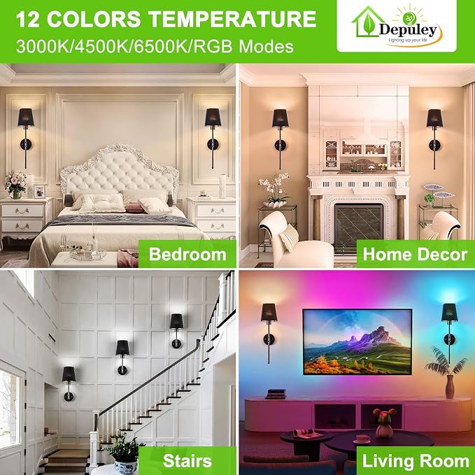 Depuley Battery Operated Wall Sconce: 24" Set of 2 Wireless Wall Lights with Remote for Bedroom - Rechargeable 15 Colors Black Wall Lamp for Living Room Hallway Home Decor