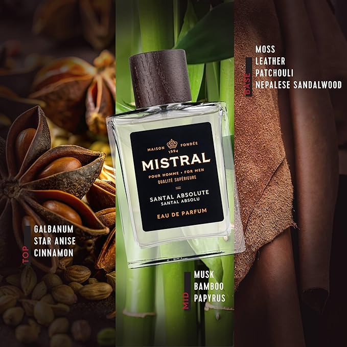 Mistral Men’s Cologne – Santal Absolute Eau de Parfum | Warm & Woody Masculine Scent with Cinnamon, Musk, Patchouli & Sandalwood | Cruelty-Free & Long-Lasting Cologne for Men, Made in France - 3.4 Oz