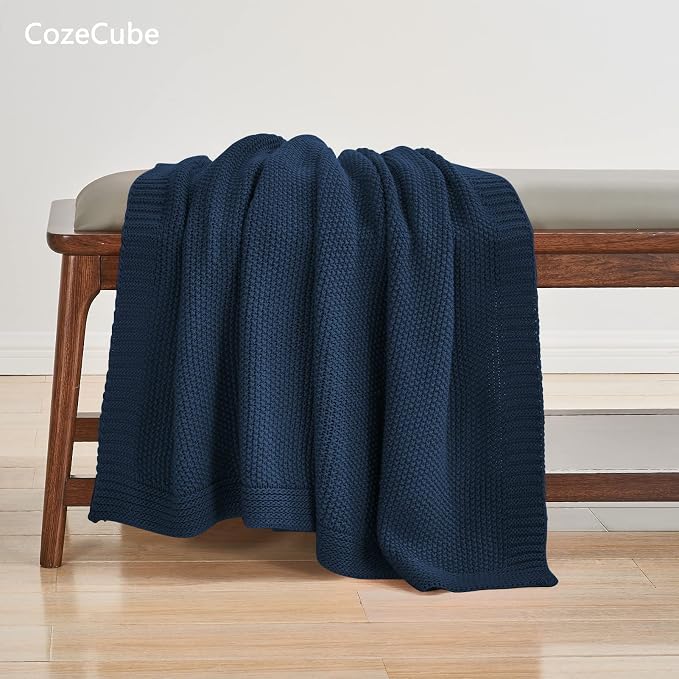 CozeCube Navy Blue Seed Stitch Throw Blanket 50"x60", Farmhouse Decor | Blanket for Couch, Soft Cozy Cable Knit Throw for Bed Sofa Living Room, Lightweight Warm Decorative Christmas Blanket