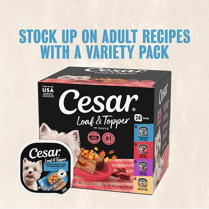 Cesar Loaf & Topper Wet Dog Food, Chicken & Filet, 3.5 oz, 12 Count, 2-Pack | Real beef or chicken #1 ingredient, no fillers or added sugar, no artificial flavors, complete & balanced, easy peel trays