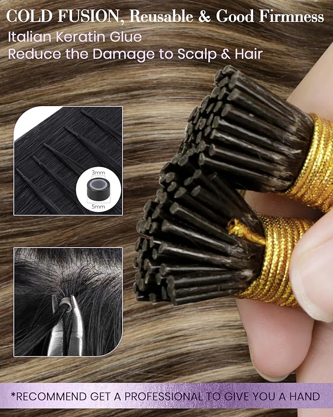 LaaVoo Hair Extension Real Human Hair 20inch I Tip, Balayage Dark Brown to Caramel Brown, 50g 50s