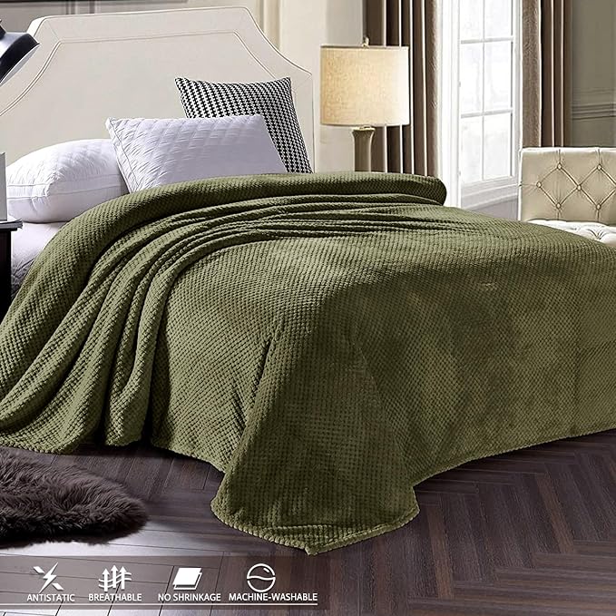 Exclusivo Mezcla Soft Waffle Fleece Bed Blanket Queen Size, Olive | Lightweight Plush Blanket for Bed, Bedroom, Cozy Flannel with Waffle Texture, Stylish Home Decor, All Season, 90x90 Inches
