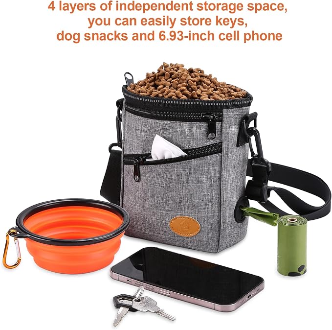 Ownpets Dog Training Pouch with Silicone Liner, Pet Treat Training Pouch with Collapsible Bowl, Shoulder Strap & Waist Strap, 4 Ways to Wear, Walking Fanny Pack for Dog Training - Grey