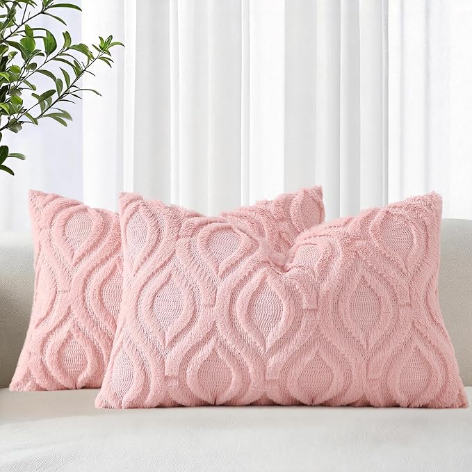 decorUhome Faux Fur Plush Soft Pink Throw Pillow Covers 12x20 Set of 2 | Plush Solid Fall Couch Pillow Covers, Accent Modern Farmhouse Neutral Decorative Square Pillow Cases for Sofa Bed Living Room