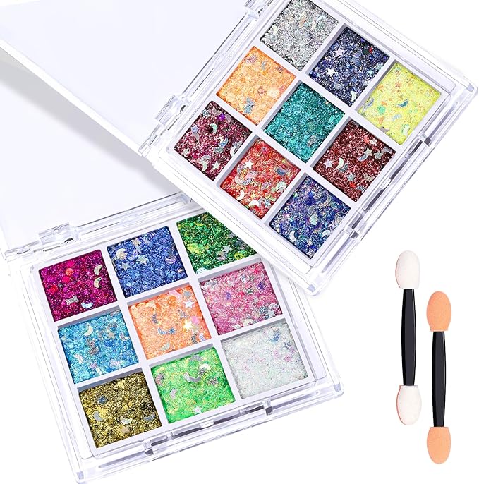 FANDAMEI Star&Moon Face Glitter, Body Glitter Hair Glitter for Glitter Makeup, 2 PCS Glitter Gel 18 Grids for Body&Hair for Kids Women, Halloween Rave Party Face Paint