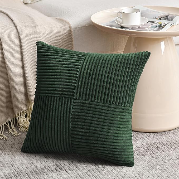 Fancy Homi Dark Green Samll Decorative Throw Pillow Covers 14x14 Inch for Living Room Couch Bed, Boho Farmhouse Forest Green Home Decor, Soft Corss Corduroy Patchwork Textured Cushion Case