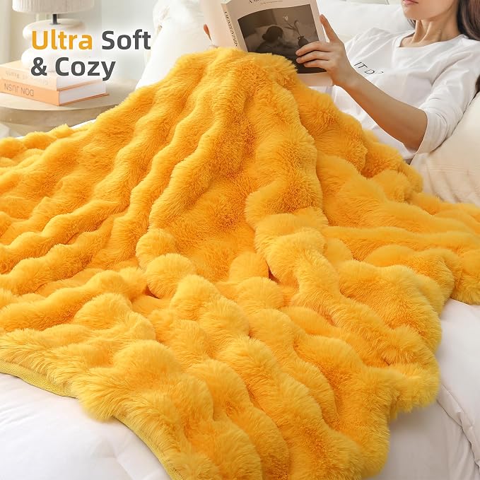 Faux Fur Throw for Couch - Mustard Yellow Bubble Blanket 50"x60" | Fluffy Plush Fuzzy Throw for Sofa & Bed, Super Soft Cozy Comfrt Blanket, Luxury Aesthetic Yellow Decor Gift for Women