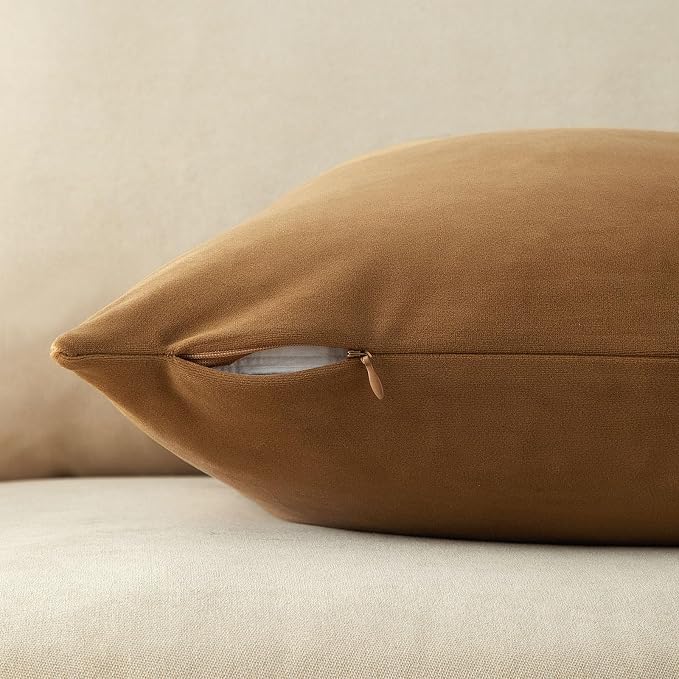 Light Brown 18x18 Velvet Throw Pillow Covers Set of 2 for Couch Bed Sofa | Decorative Soft Cushion Covers with Invisible Zipper for Modern Living Room Bedroom Home Decor