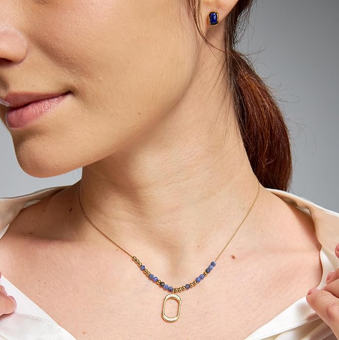 14K Gold Plated Natural Lapis Lazuli Necklace & Earrings Set, Waterproof PVD Stainless Steel Healing Crystal Gemstone Dainty Beaded Chain, Non Tarnish Spiritual Jewelry Gift for Women