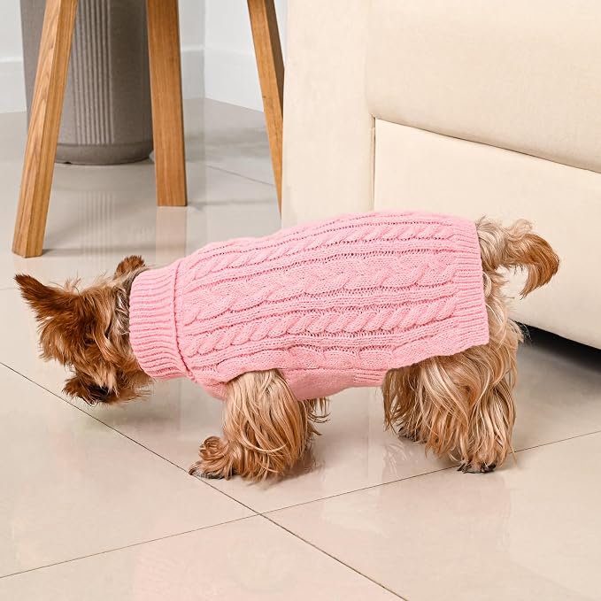 Dog Sweater 2 Pack for Small Dogs, Size XS, Pink & Purple | Stretchy cable knit turtleneck, machine washable, high belly cut, comfy winter fit for Chihuahua, Yorkie