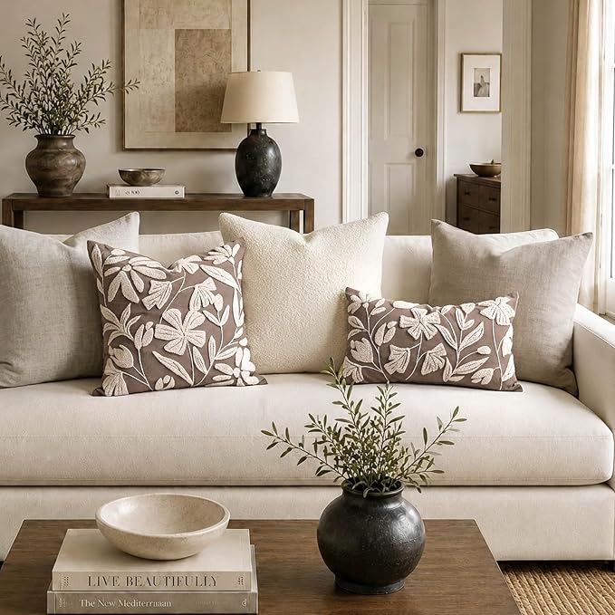 Decorative Lumbar Pillow Cover 12x20 Inch, Taupe Brown Floral Tufted Velvet Accent Pillow Case for Sofa Bed Living Room, Cover Only