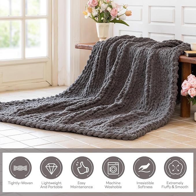 Chunky Knit Blanket - Luxury Soft Cozy 40 * 50 Throw Blanket,100% Woven Blanket Rope Knot Throw Blanket for Couch, Sofa, Home Decor, Gift - Machine Washable (Black Gray, 40 * 50)