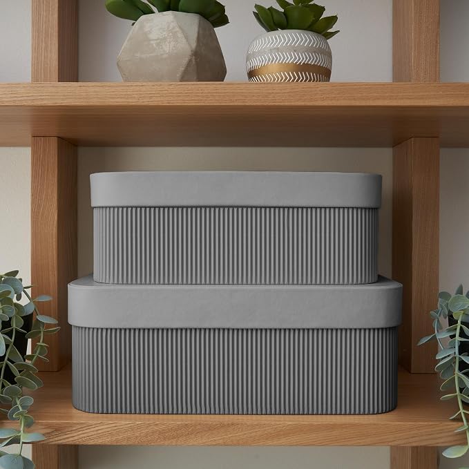 ZICOTO Decorative Storage Boxes with Lids - Set of 2 Beautiful Fluted Photo Organizer Bins for Your Home Bookshelf Decor to Safely Store Your Documents, Memory Box Items and Other Keepsakes in Style