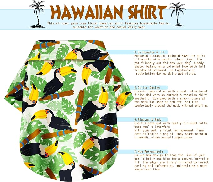 Toucan Hawaii Style Pet Dog T-Shirt, Four-Way Stretch Breathable Light Cool Summer Shirts, Casual Beach Seaside Daily Clothes for Small Size Puppy.Green S
