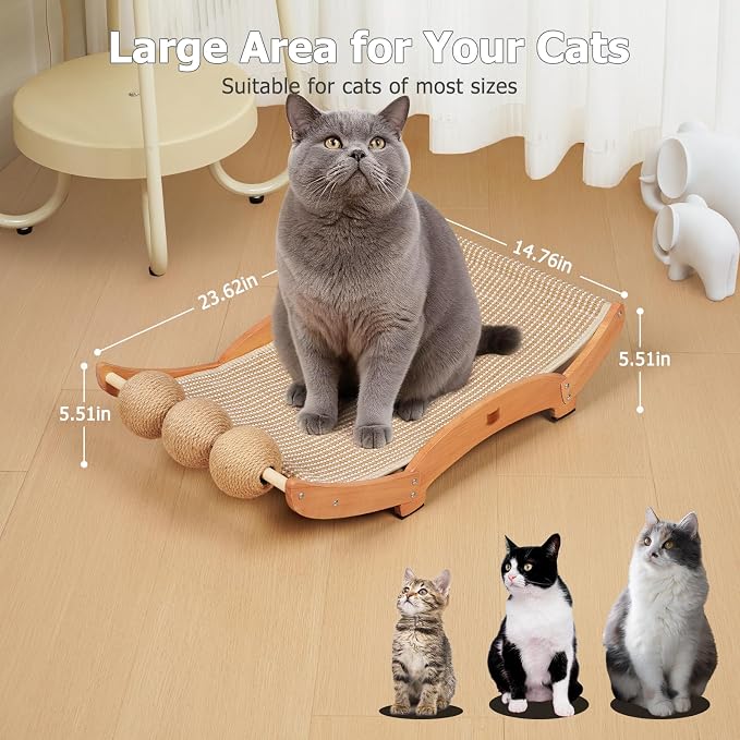 3 in 1 Sisal Cat Scratcher Bed, Solid Pine Cat Scratcher with Balls (Wood) | Extra Large Cat Scratching Post with Hammock, Cat Scratcher for Scratch & Play & Rest, Cat Furniture for Indoor Cats, Kitten