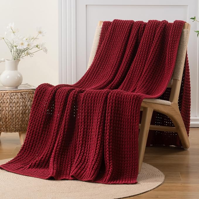 Red Throw Blanket for Couch, Soft Cozy Knit Waffle Throw Blanket 50"x60" | Chunky Chenille Throw Blanket, Decorative Christmas Throw Blanket for Bed Sofa Gifts,Modern Farmhouse Knitted Style