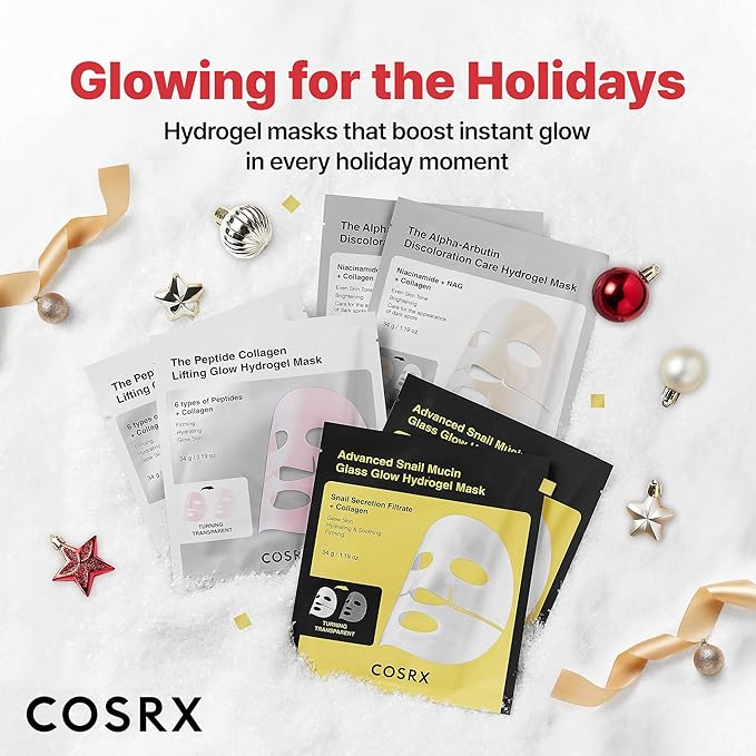 COSRX Glow-Boosting Face Mask Limited Gift Set 6ea, Snail Mucin, 6 Peptides & Alpha-arbutin for Glass skin, Collagen Face Mask, Korean Skin Care Set, Amazon Exclusive