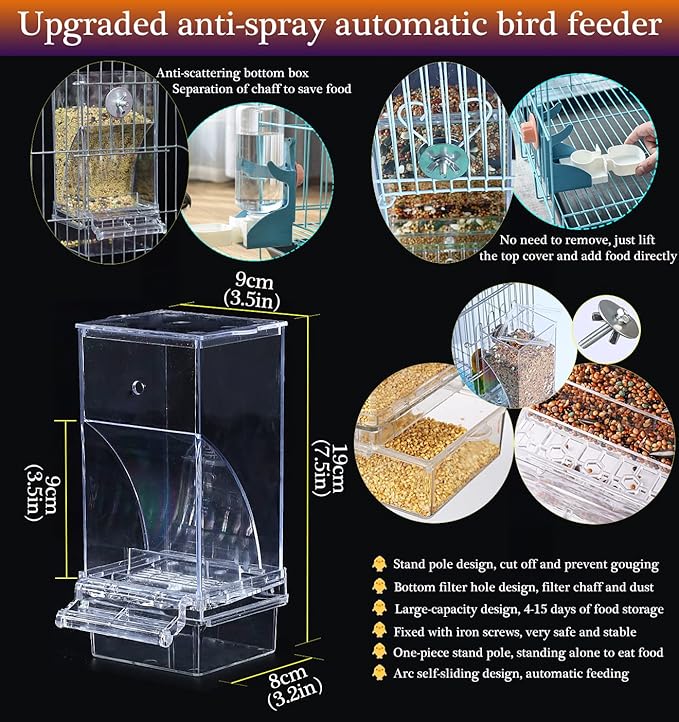 Kenond No Mess Bird Feeders Water Dispenser Set，Automatic Feeders for Cage | Automatic Parrot Feeder Cage Accessories, Clear Seed Container Food Drinker for Cage, for Cockatiel Lovebirds Budgies Canary