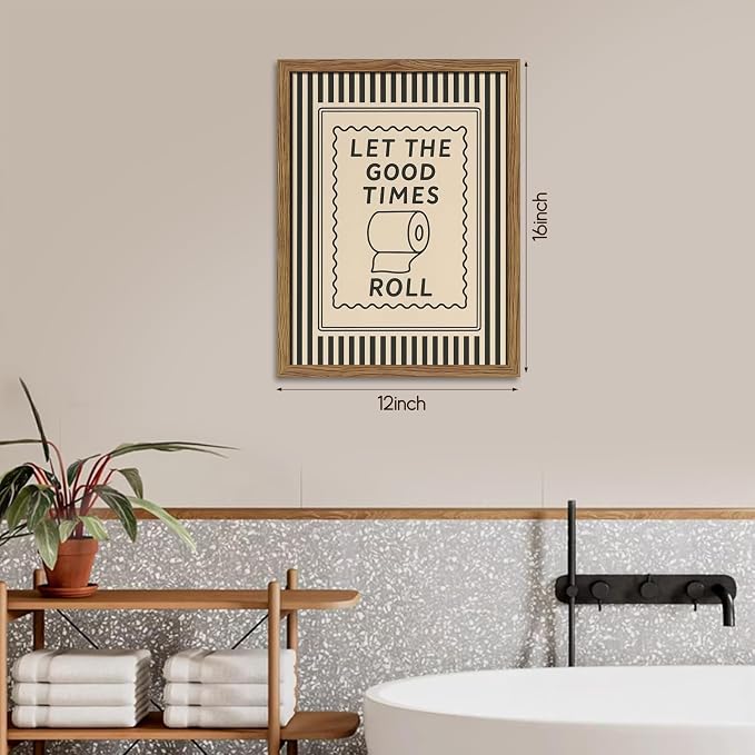 Framed Let The Good Times Roll Bathroom Print, Vintage Funny Toilet Quote Canvas Wall Art, Stripes Bathroom Picture Poster, Downstairs Toilet Painting Wall Decor 12x16 inch