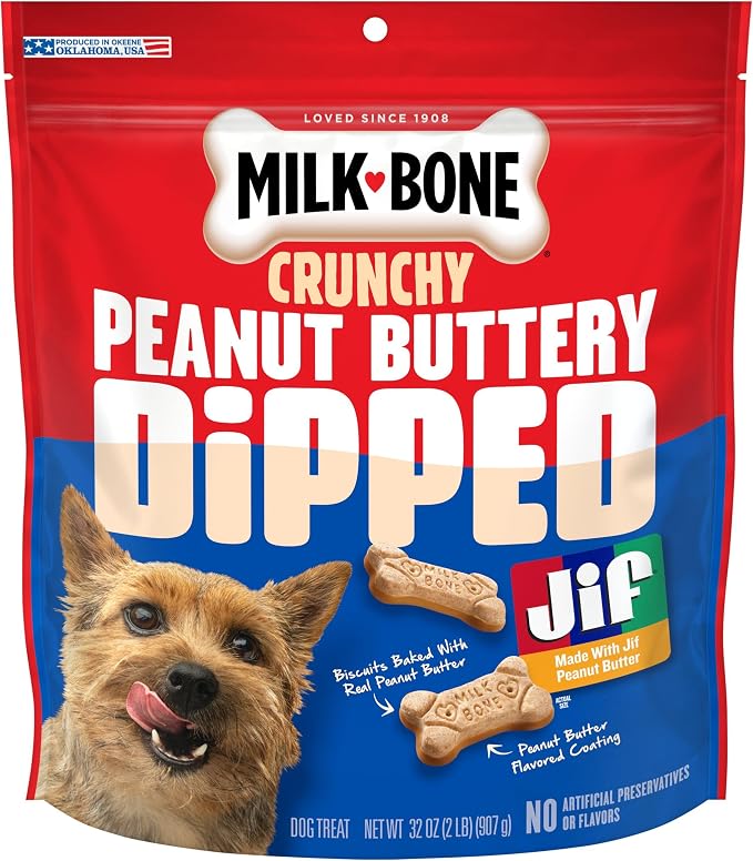 Milk-Bone Peanut Buttery Dipped Dog Treats with Jif Peanut Butter, 32 Oz. | 32-oz. bag, Dog biscuits baked with real peanut butter, Peanut butter flavored coating