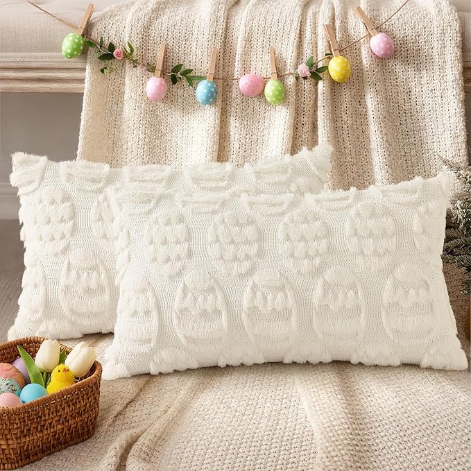 decorUhome Cream White Faux Fur Egg Throw Pillow Covers 12x20 Set of 2 | Plush Soft Wool Jacquard Cream White Cushion Covers, Modern Farmhouse Easter Holiday Decor Pillow Covers for Couch Sofa Bed