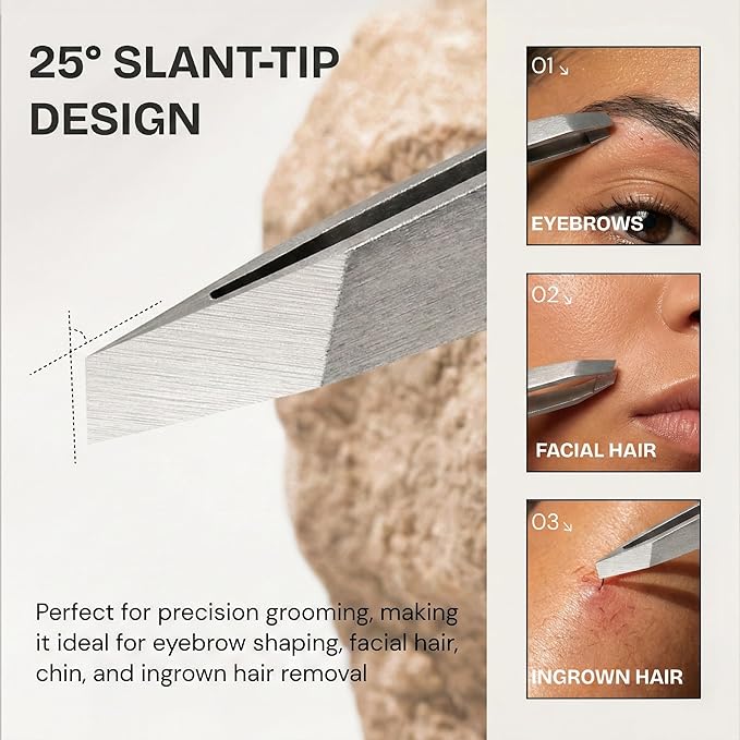 Ultra-Precision Professional Slant Tweezers for Women Facial Hair - German Stainless Steel, Lightweight Black Tweezers for Women & Men, Ideal for Eyebrow & Facial Grooming (Matte Gray)