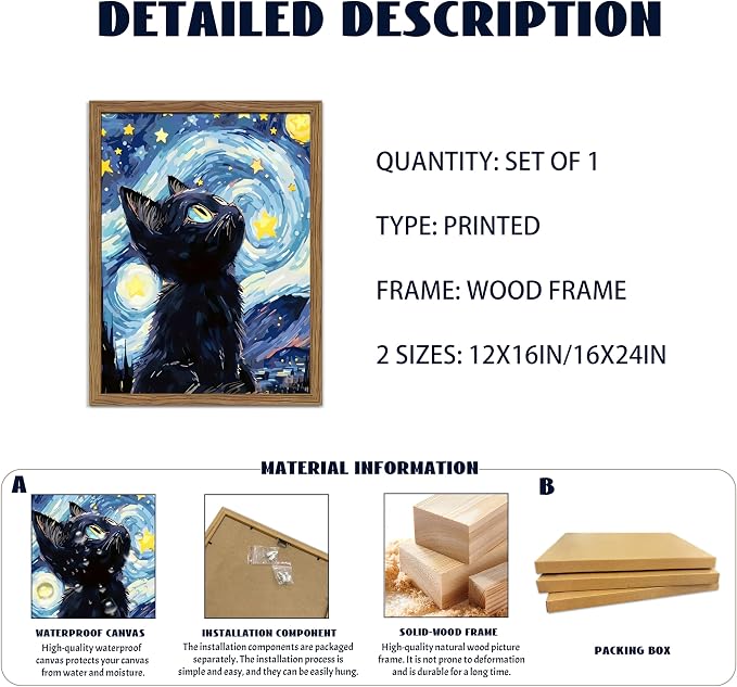 Framed Black Cat Wall Art, Van Gogh Starry Night Canvas Wall Decor, Cute Cat Animal Poster Print Picture, Impressionist Artwork Oil Painting for Bedroom Living Room Nursery 16x24 Inch