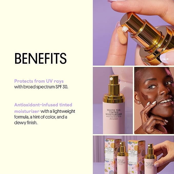 Winky Lux White Tea Tinted Moisturizer SPF 30 - Buildable Coverage with Facial SPF, Lightweight Sunscreen for Face, Naturally Radiant Finish, Long Lasting Coverage with Vitamin E, Medium Deep