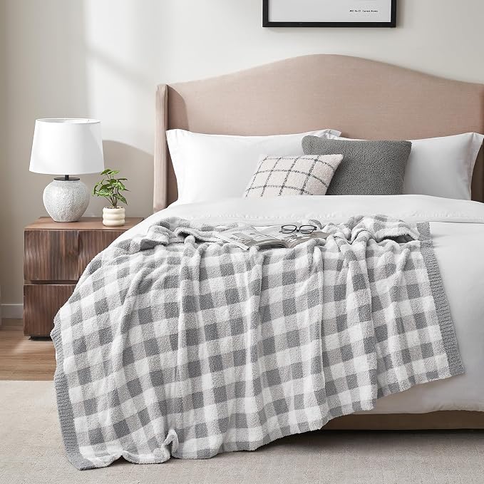 Snuggle Sac Checkered Throw Blanket for Couch, Super Soft, Cozy Warm Knit Decorative Blankets, Reversible Plaid Fluffy Throws for Sofa, Bed, Plaid Grey, 50x60 Inches