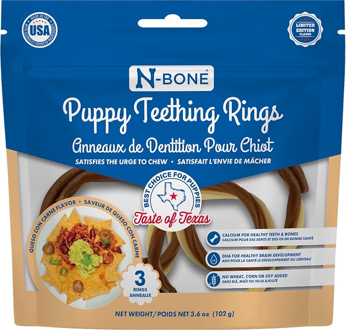 N-Bone Puppy Teething Rings, Taste of Texas Queso Con Carne Flavor, Natural Puppy Teething Chews, Helps Soothe Teething Gums, Calcium Enriched Chew Treats, 3 Rings