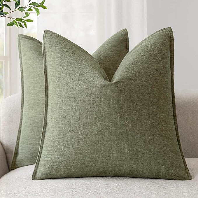 Foindtower Pack of 2, Decorative Linen Solid Throw Pillow Covers Soft Accent Cushion Case Farmhouse Neutral Pillowcase for Chair Couch Sofa Bedroom Living Room Home Decor 18x18 Inch Olive Branch Green