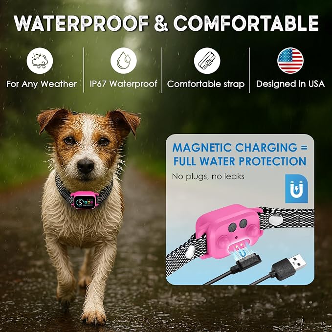 Bark Collar for Small Dogs 8-40 Ibs - No Shock Anti Barking Collar with Al Chip - 3 Modes & 5 Sensitivity Levels - Waterproof, Rechargeable, Magnetic Charging - Humane, Effective Training (Pink)
